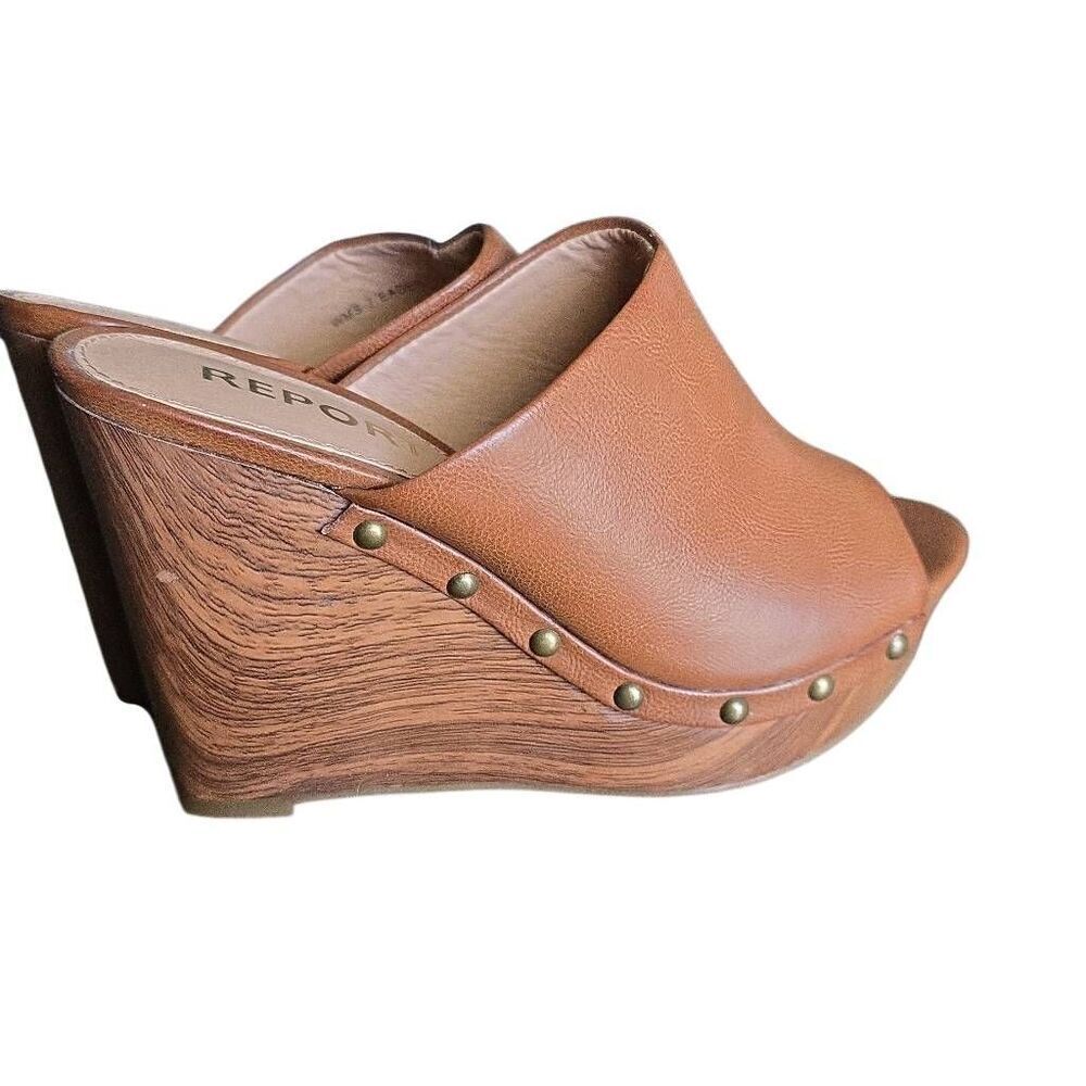 Report Women's Size 7 Brown Faux Leather Wood Wedge Peeptoe Sandals